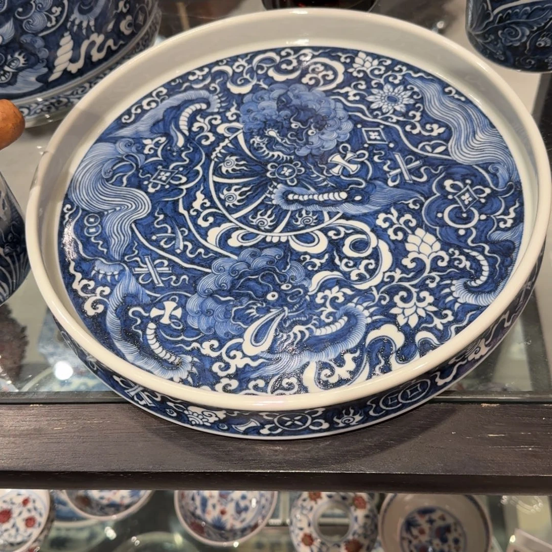 半***心瓷片狮子大盘子手绘