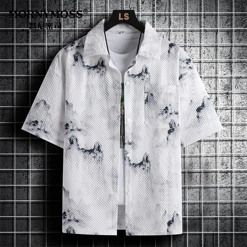 新中式中国风休闲短袖衬衣男夏季潮流衬衫宽松特大码胖子薄款外套