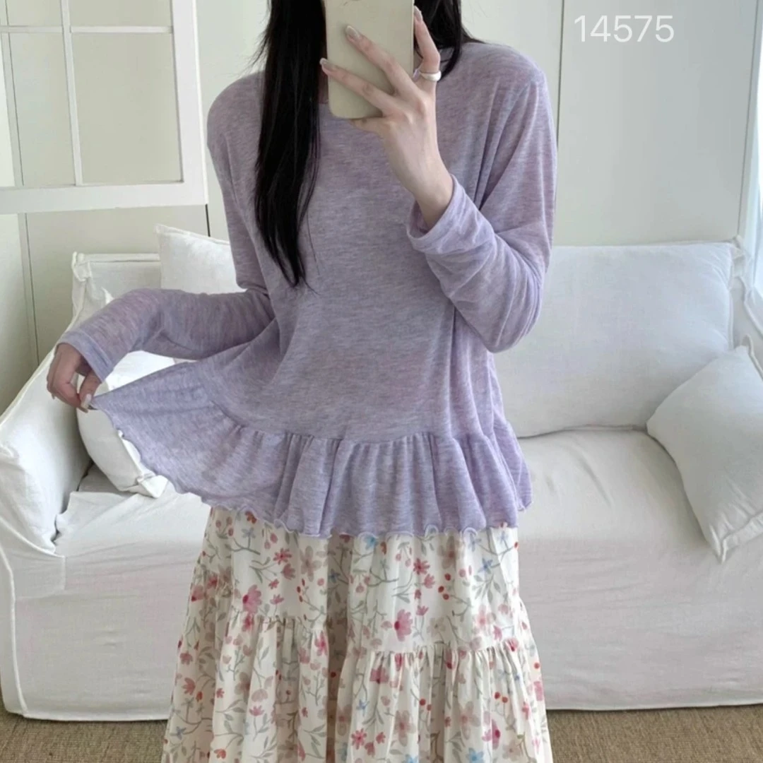 14575（部分无水洗唛，介意慎拍）WANGDAN木耳边下摆拼接针织衫