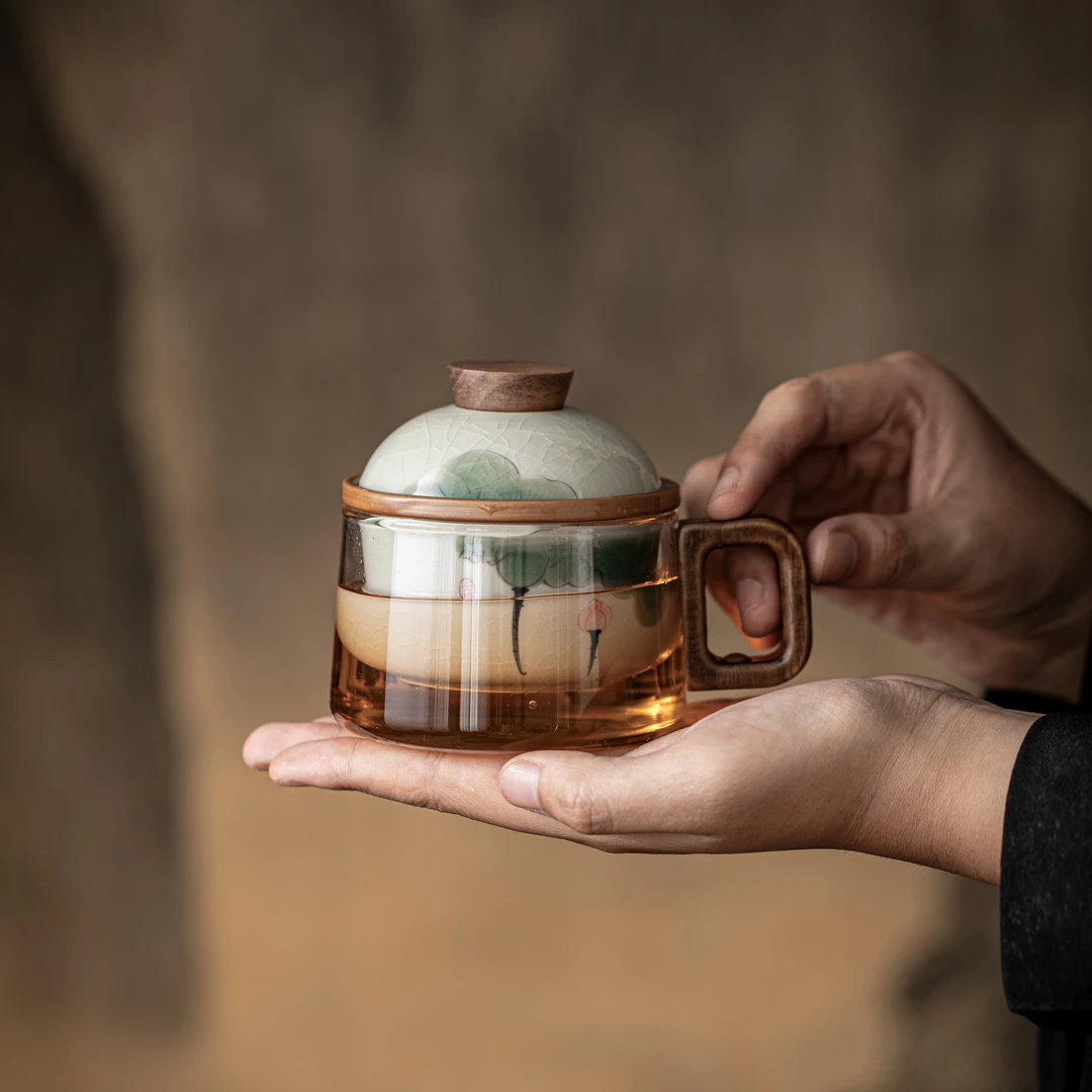 汤大壮【荷塘清趣】手绘哥窑荷花茶咖杯