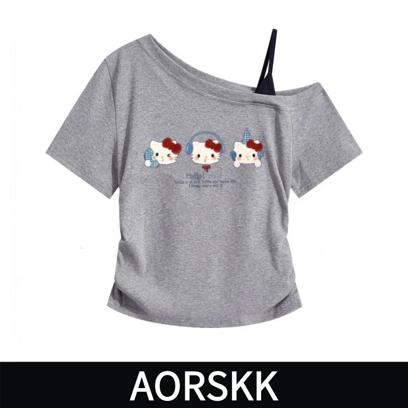 【AORSKK】新款斜肩吊带短袖t恤女露肩浅灰色休闲修身显瘦百搭上衣