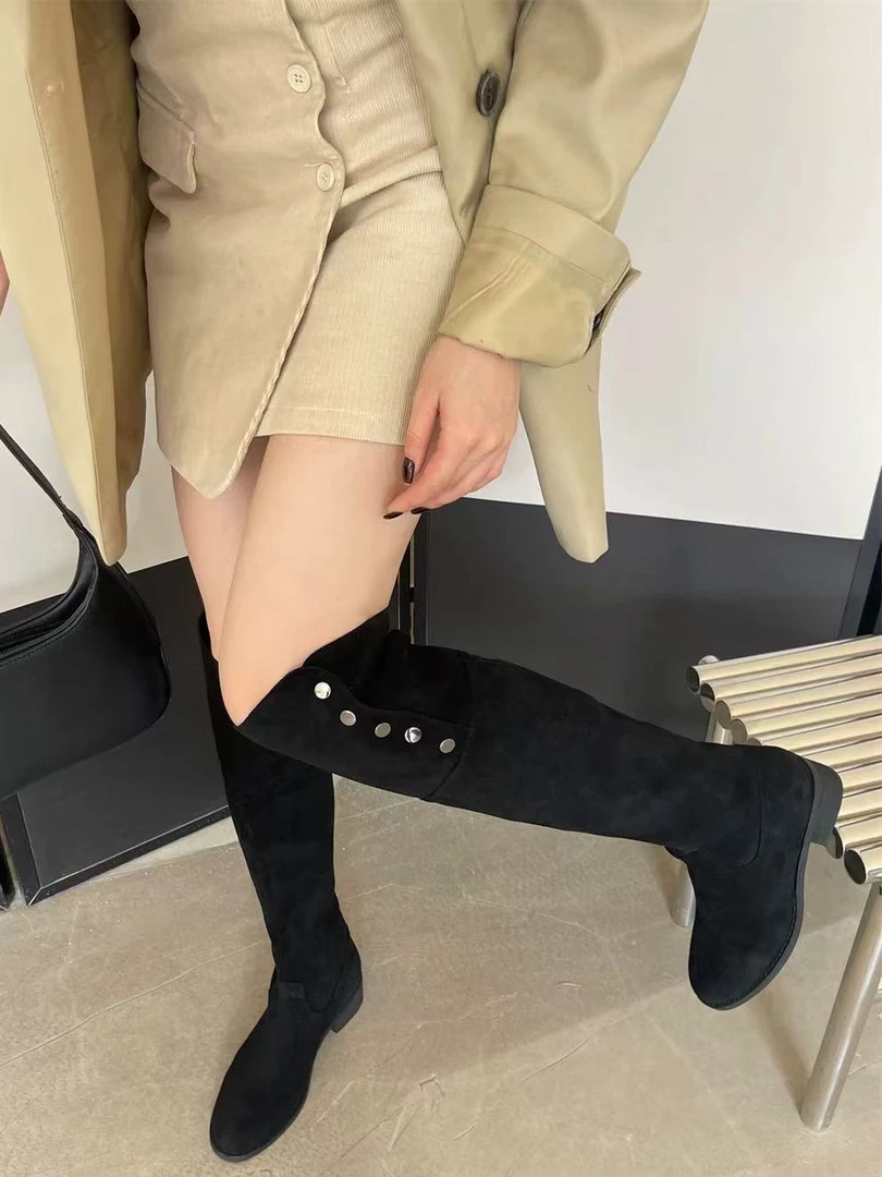 Q1861靴子女款长靴2024秋冬季新款时尚小个子粗跟防滑英伦骑士靴