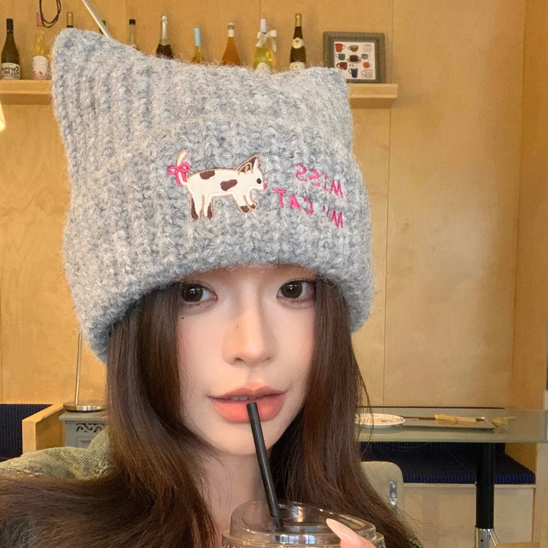 CKZUI猫耳朵针织帽子女冬保暖护耳帽包头冷帽显脸小毛线帽大头围
