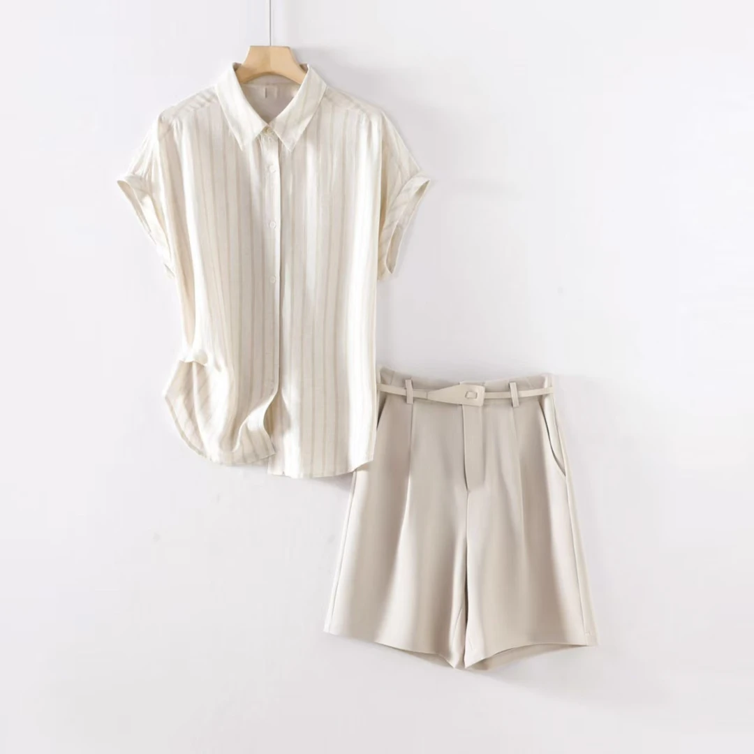 〈纪朵研〉1036条纹时尚短袖套装夏季新款休闲套装