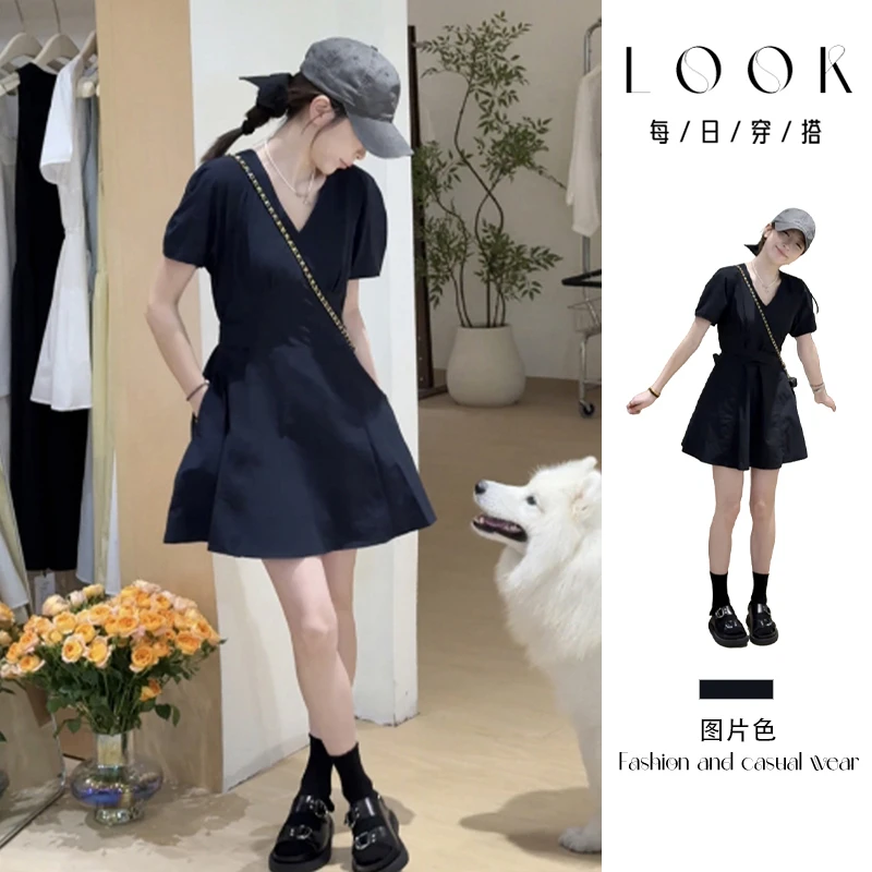 法式赫本风黑色泡泡袖连衣裙子夏季2025新款财阀千金女装掐腰短裙
