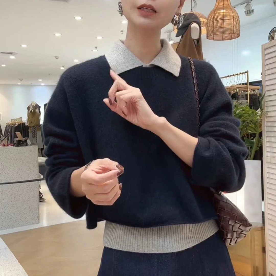 秋冬慵懒感撞色减龄POLO领2025短款长袖背心两件套毛衣LK2506915