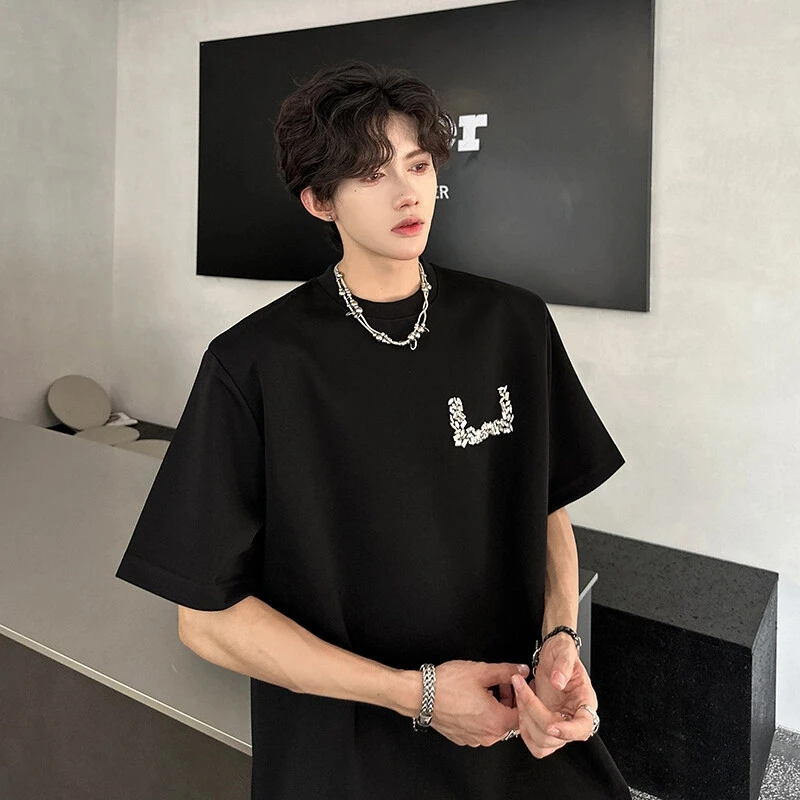 美式复古金属垫肩短袖T恤男款夏季潮牌高级感五分袖痞帅半袖体恤