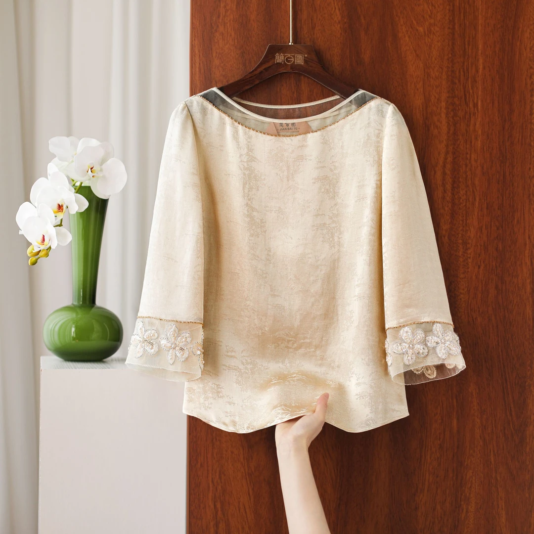 2025夏季新款香槟杏色新中式一字领重工百搭提花上衣气质时尚衬衫