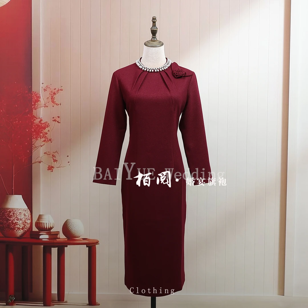 冬季羊毛呢长袖旗袍婚宴喜婆婆妈妈结婚礼服简约修身圆领厚款