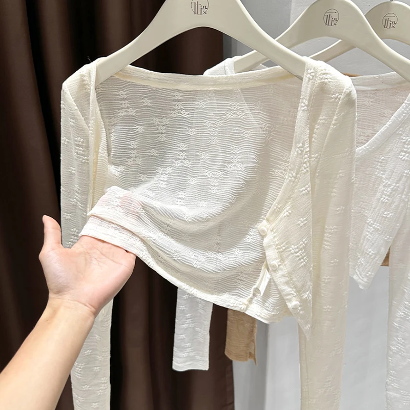 圆领修身透视蕾丝开衫外套夏季超短款冰丝网纱防晒披肩薄款坎肩女