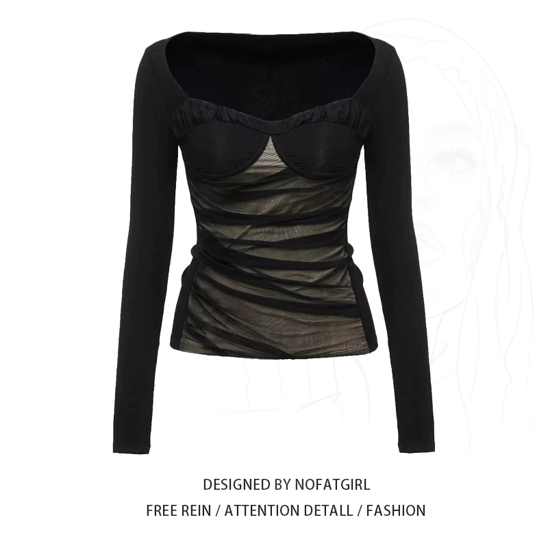 大码胖MM美式辣妹网纱拼接T恤女秋冬新款褶皱修身设计感内搭上衣