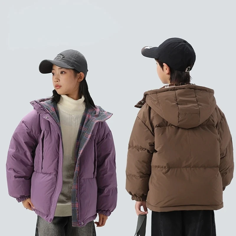 星期八【清仓】儿童羽绒服白鸭绒2025双面穿连帽加厚格子保暖