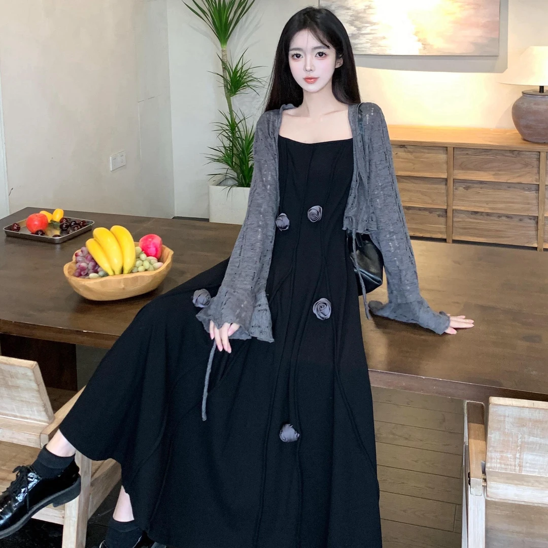 大码胖妹妹高级感法方领背心裙立体花朵设计高腰显瘦连衣裙+开衫