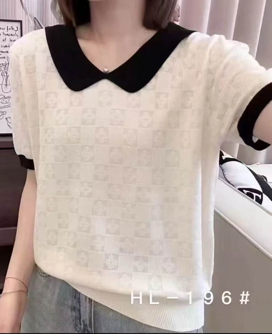 600-700茜彧夏季针织衫短袖毛针织衫百搭圆领宽松套头上衣镂空