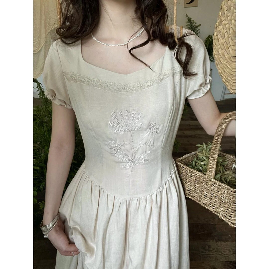 夏-莼沐 亚麻天丝 米粒粗针绣 麻本色古典连衣裙