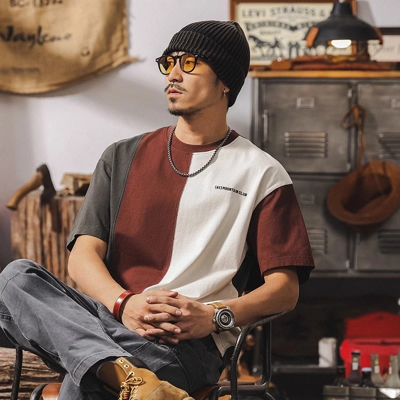 MR.MUDI/穆迪先生拼接撞色设计短袖男夏2025新款美式复古250g重磅