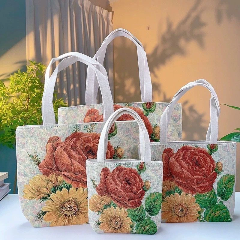 双根耐磨拉链牡丹花田园风单肩包环保布包芭比风红色手拎包便携女