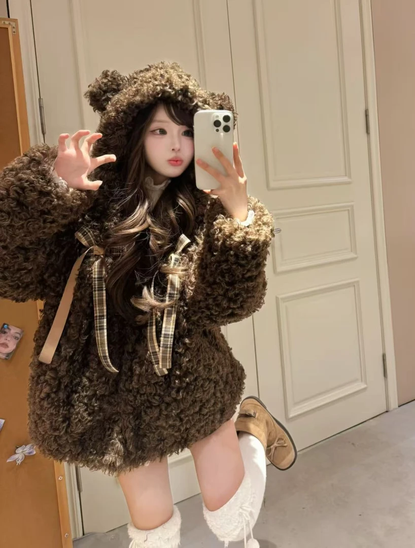 巧克力小熊卷毛宽松夹棉仿皮草毛毛可爱外套