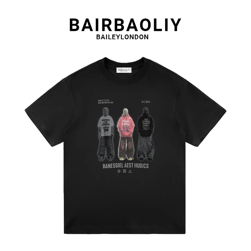BAIRBAOLIY美式高街休闲男百搭短袖复古宽松印花上衣2025春夏新款