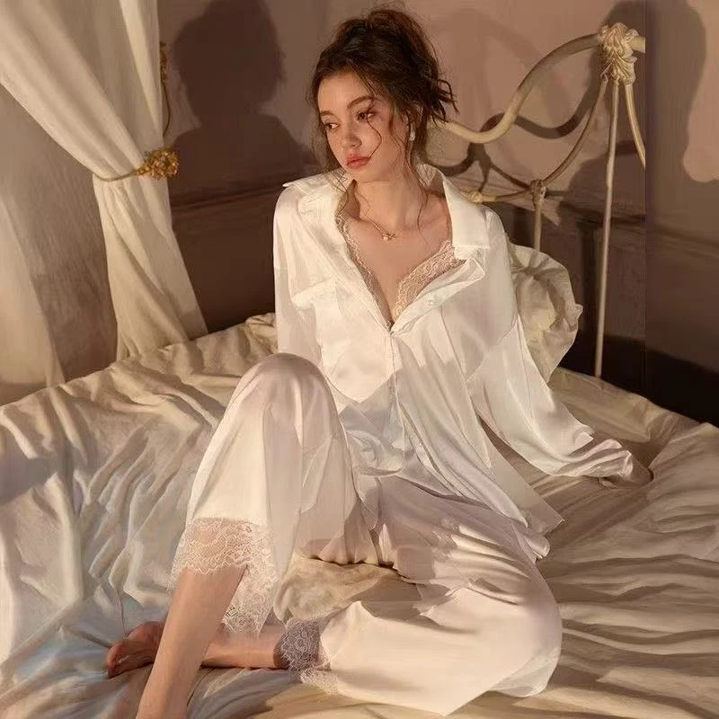 冰丝睡衣秋冬纯欲性感套装衬衫长袖长裤套装缎面宽松家居服