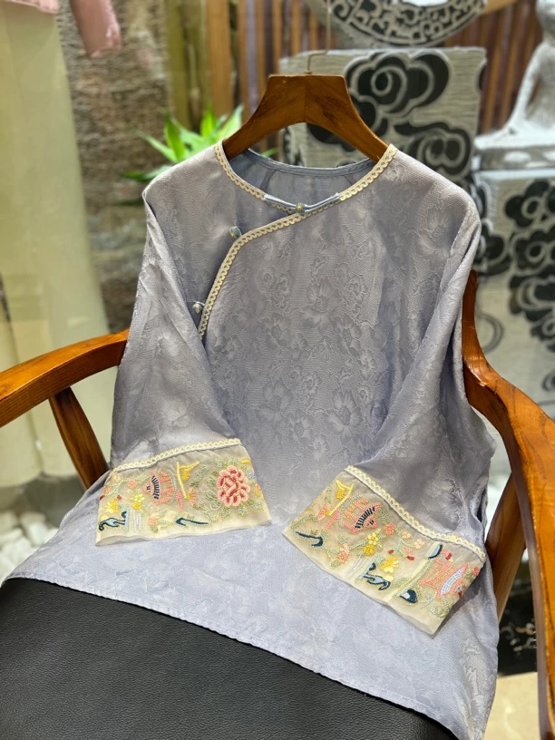 斜襟上衣人丝花萝刺绣圆领夏季薄款新中式小衫