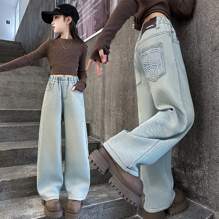 女童春季牛仔裤2025新款儿童高腰显瘦直筒休闲宽松中大童阔腿裤子