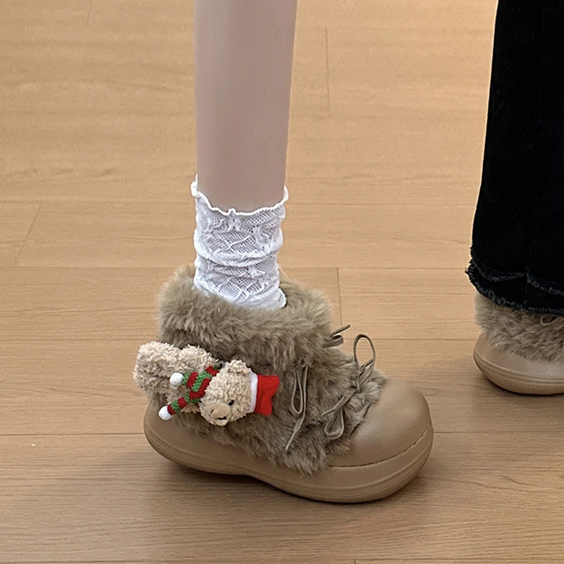厚底百搭可爱小熊魔术贴毛毛雪地靴女士2025冬季保暖加绒防滑短靴