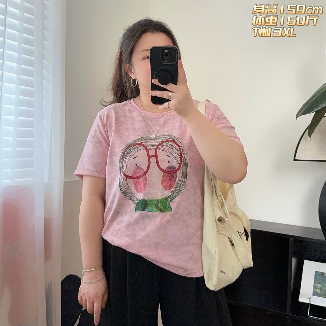 福福大码女装 正肩袖宽松显瘦扎染印花卡通短袖T恤微胖MM纯棉上衣