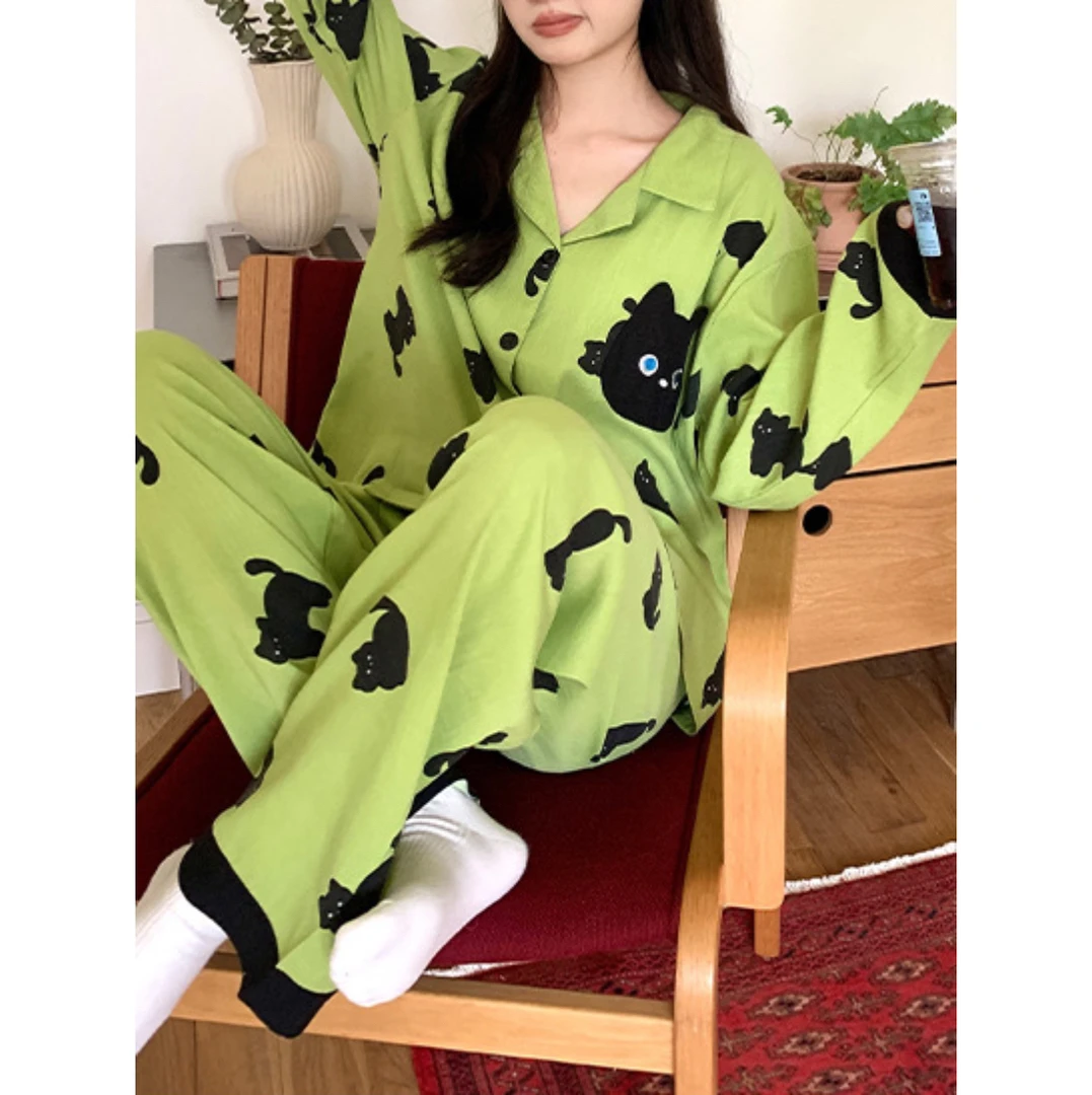 新款睡衣女春秋情侣家居服可爱猫咪长袖翻领口袋宽松大码家居服男