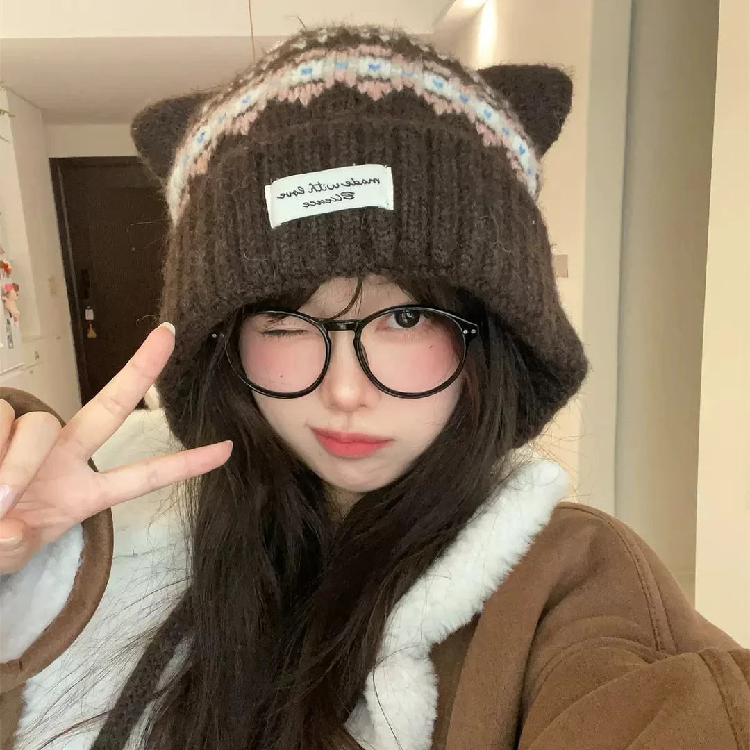 新款可爱猫耳朵加绒针织帽女秋冬加厚保暖护耳雷锋帽显脸小毛线帽