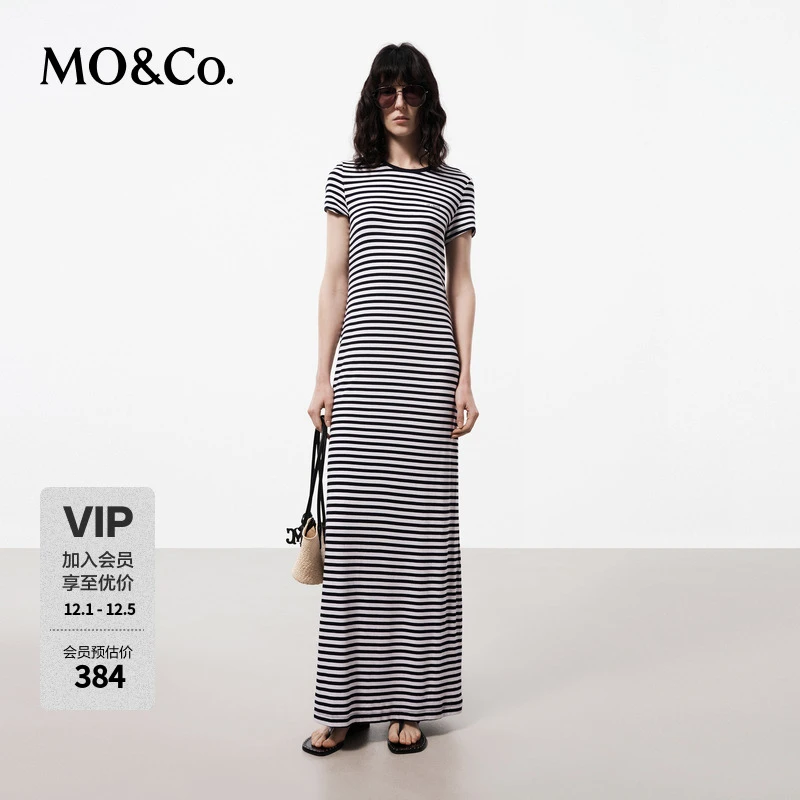 MOCO夏法式海魂风蓝白条纹短袖圆领开叉连衣裙MBD2DRS013