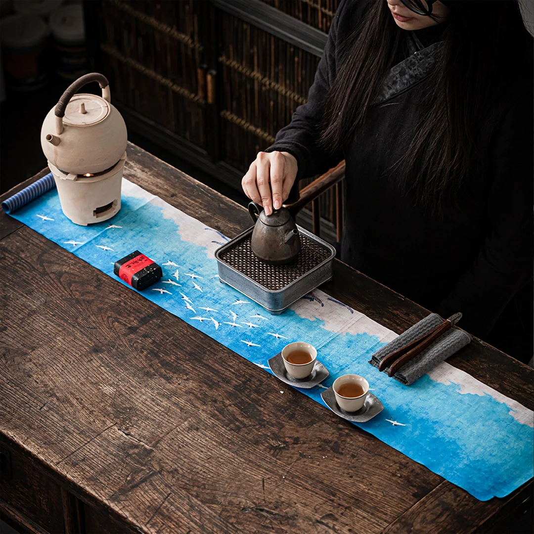 彩绘防水茶席禅意布艺桌旗日式桌布功夫茶具配件茶盘垫子茶巾茶垫