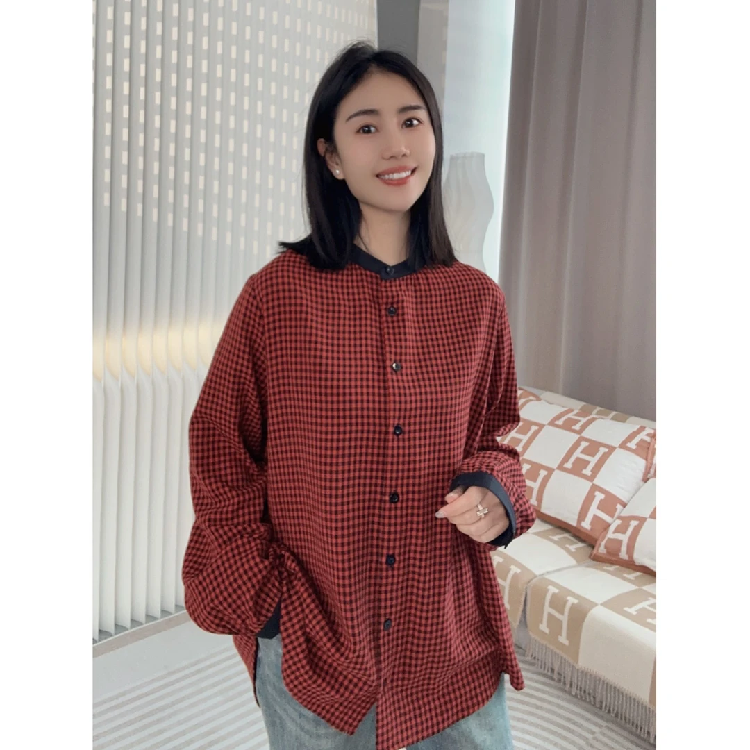 北桔2025春季新款时尚百搭宽松显瘦上衣复古格纹长袖衬衣女4238
