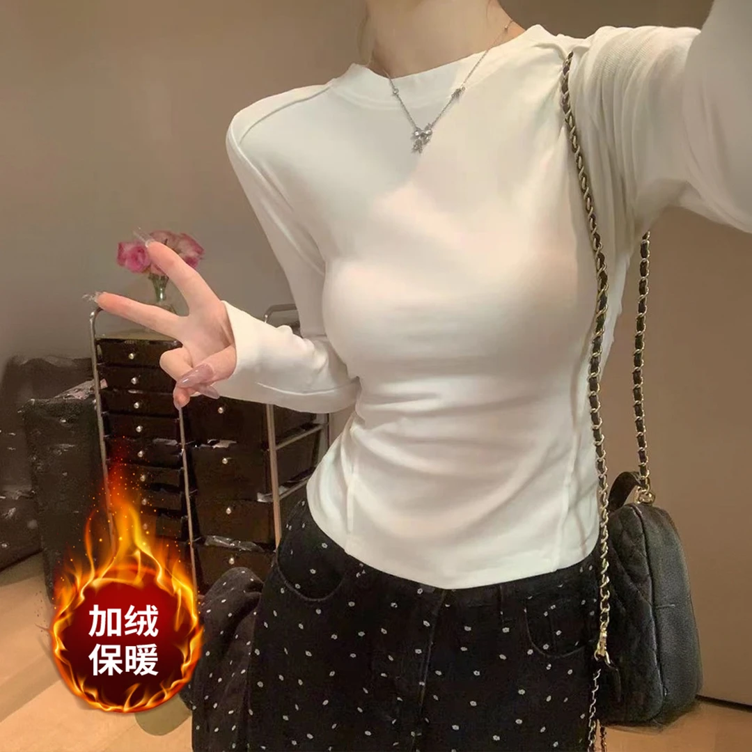 圆领加绒长袖打底衫女秋冬季爆款内搭修身加厚鱼骨设计感显瘦上衣