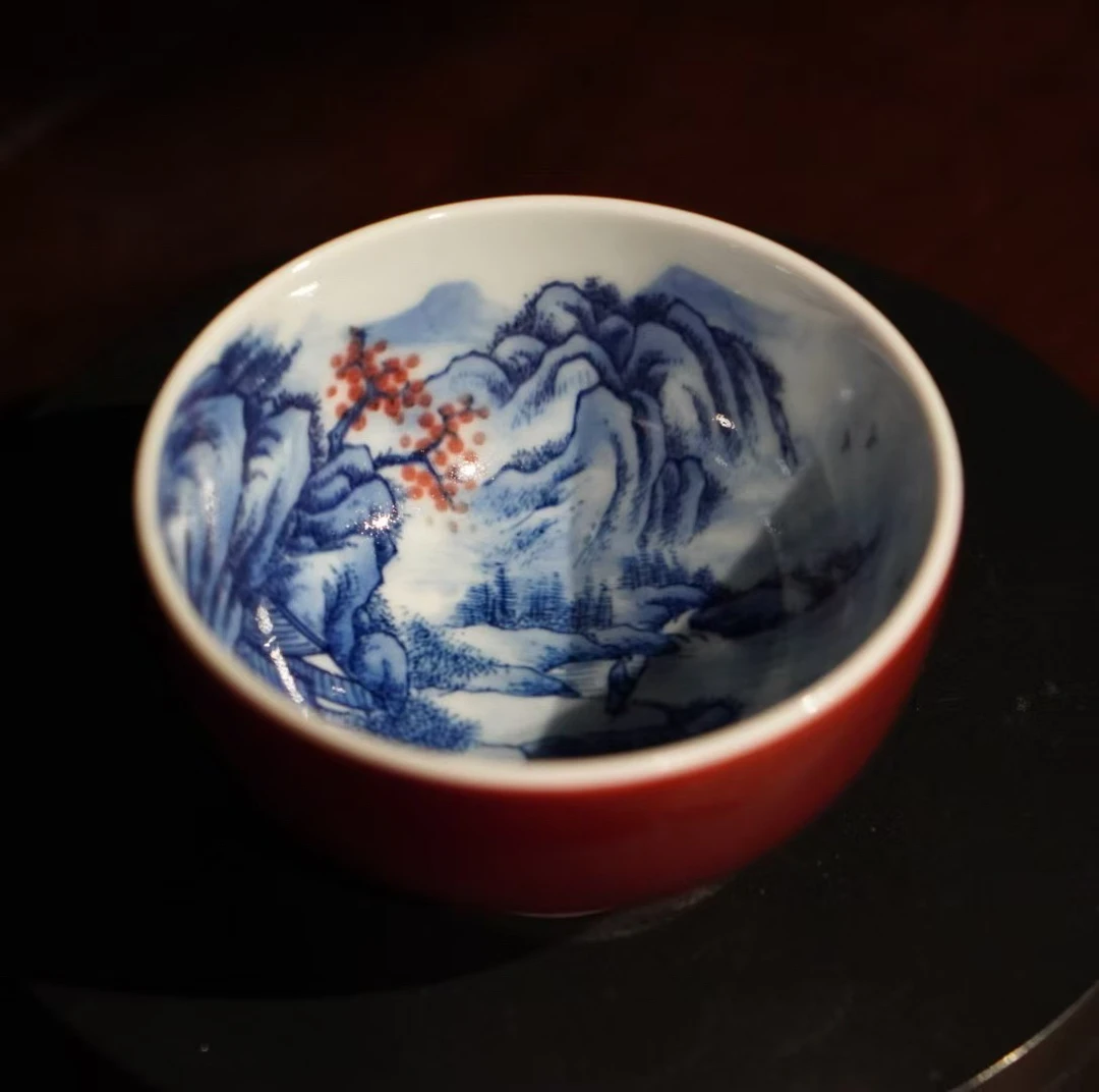 【云青尚红】景德镇陶瓷外霁红内青花釉里红山水杯 全手工主人杯