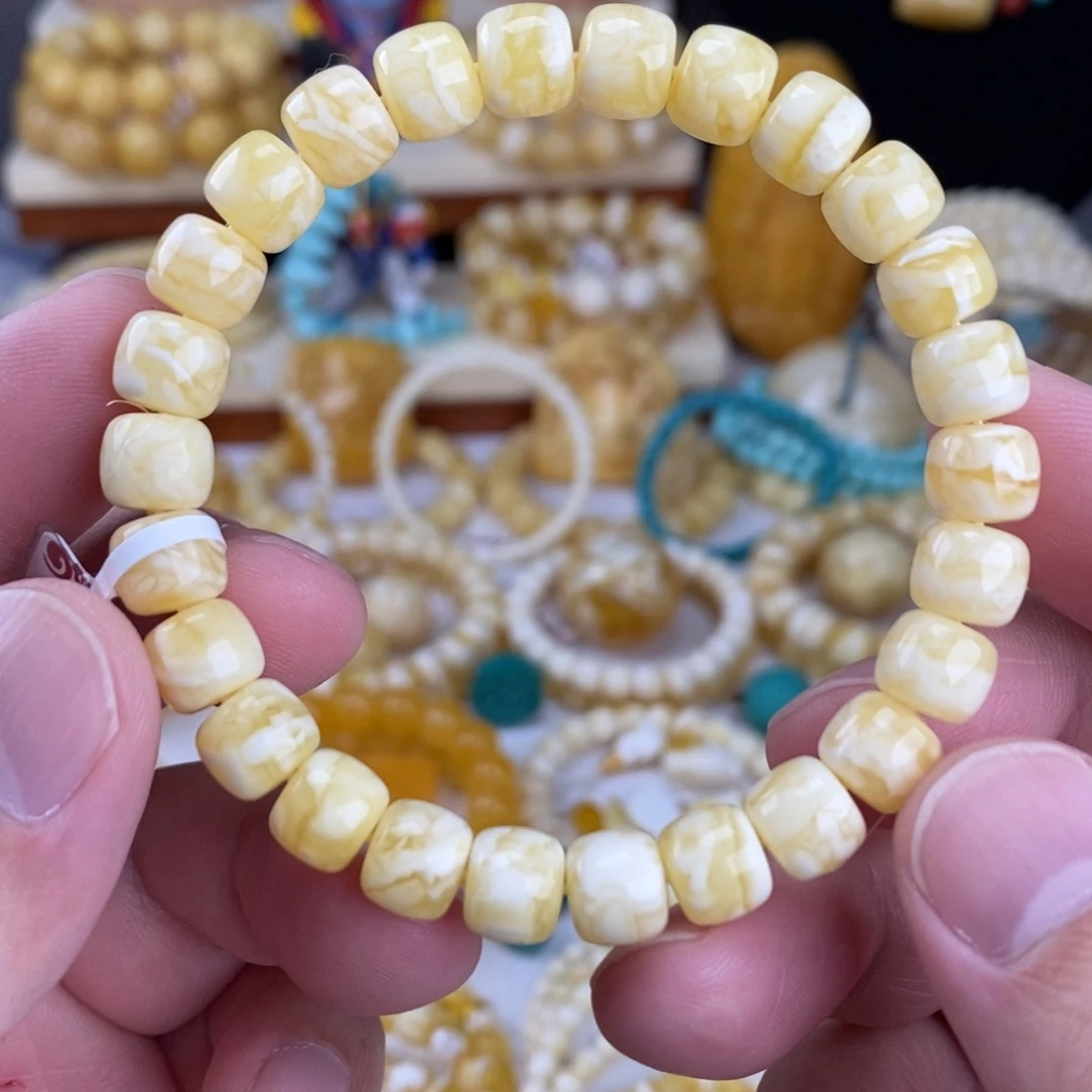 蜜蜡未镶嵌手链瓷白细纹虎皮纹8.7mm