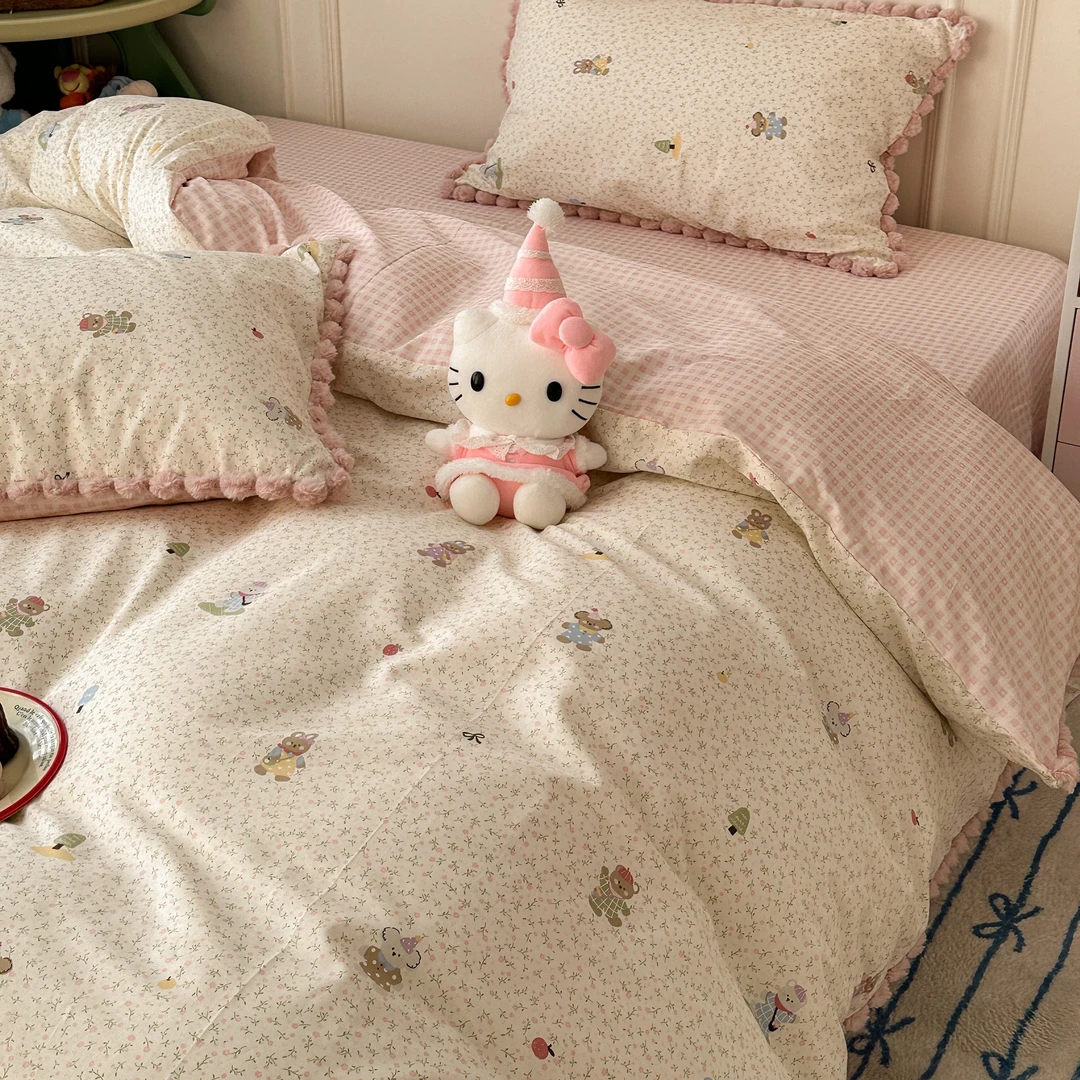 ins小清新碎花小熊纯棉四件套可爱小毛球全棉卡通被套少女心床单