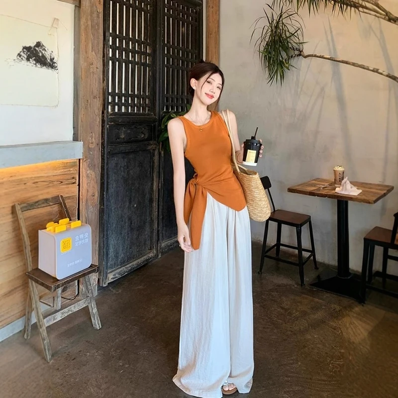 性感气质针织背心吊带女夏季高级感无袖内搭不规则收腰开叉上衣潮