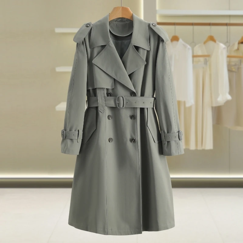 伍莎服饰云仓【逸】大翻领修身双排扣中长款风衣新款