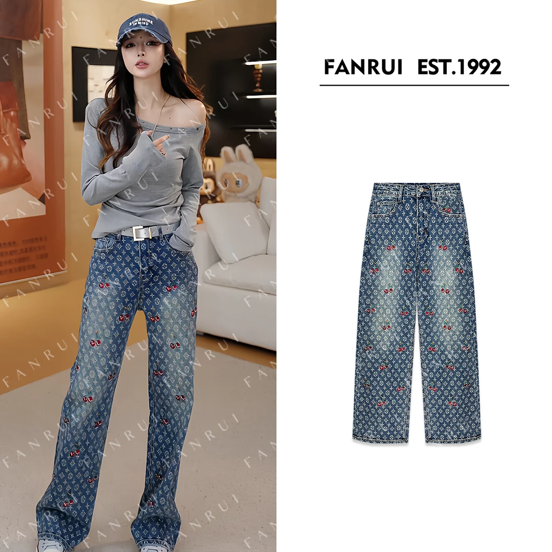 FANRUI/泛芮「落樱之旅」图案印花时髦洋气显瘦设计感牛仔裤B17730