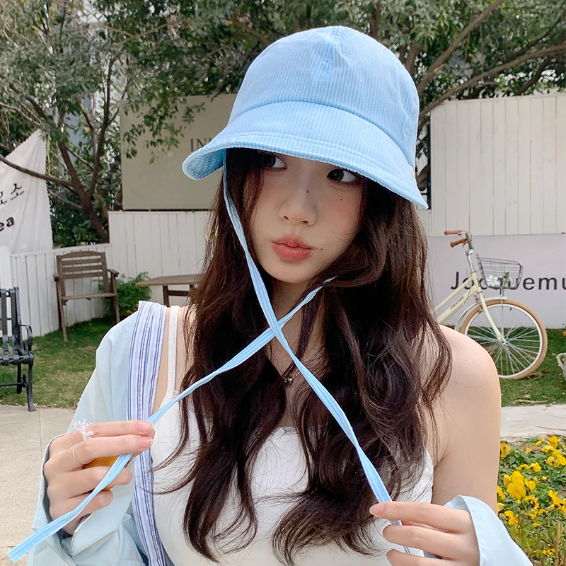 日系小清新条纹渔夫帽子女百搭显脸小防晒帽户外出游素颜遮脸盆帽