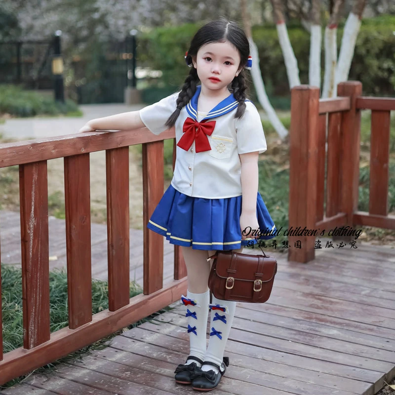 蓝鸭鸭水手服套装夏季简约学院风jk宝宝可爱洋气蓬蓬裙套装