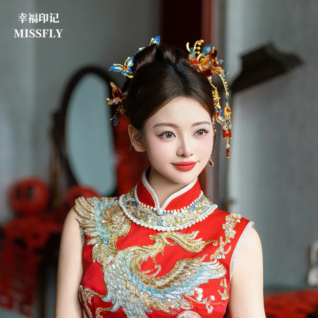 新中式新娘红色花朵蓝色蝴蝶秀禾头饰套装旗袍汉服古装发饰减龄