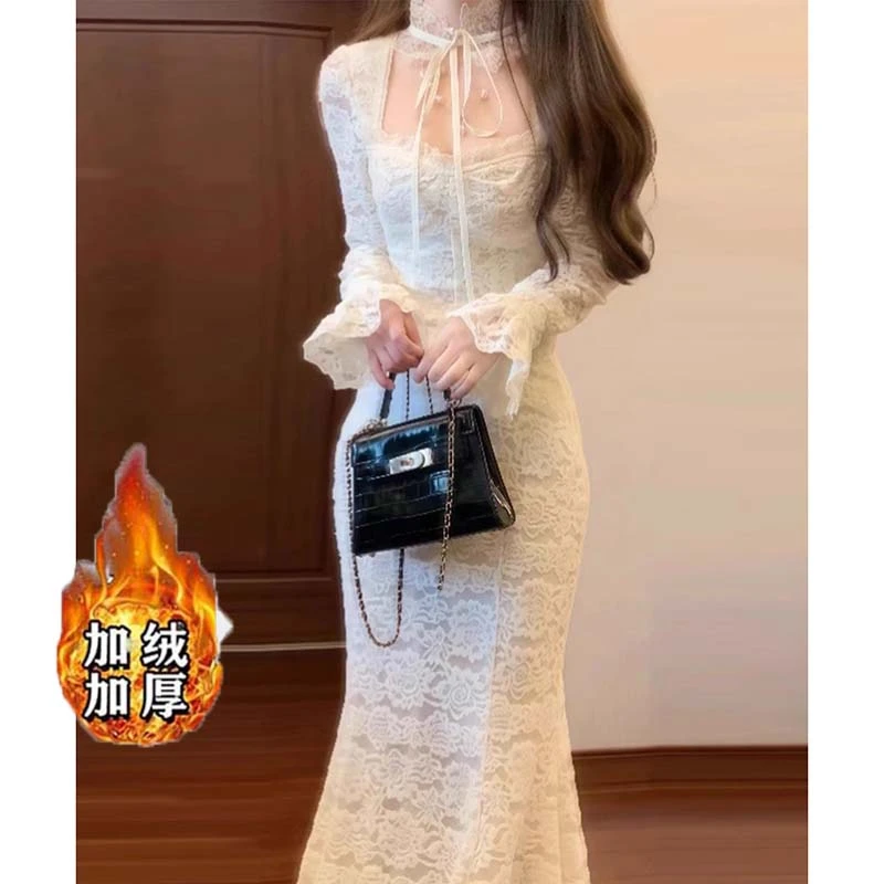 【V】【加绒加厚】【有里布】名媛蕾丝拼接假两件气质宴会连衣裙D4137