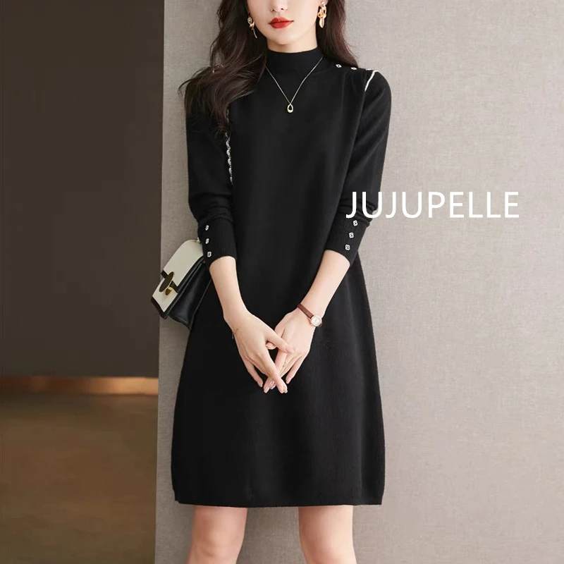 绵羊毛长裙~2025新款洋气百搭半高领毛衣女士宽松套头上衣针织衫