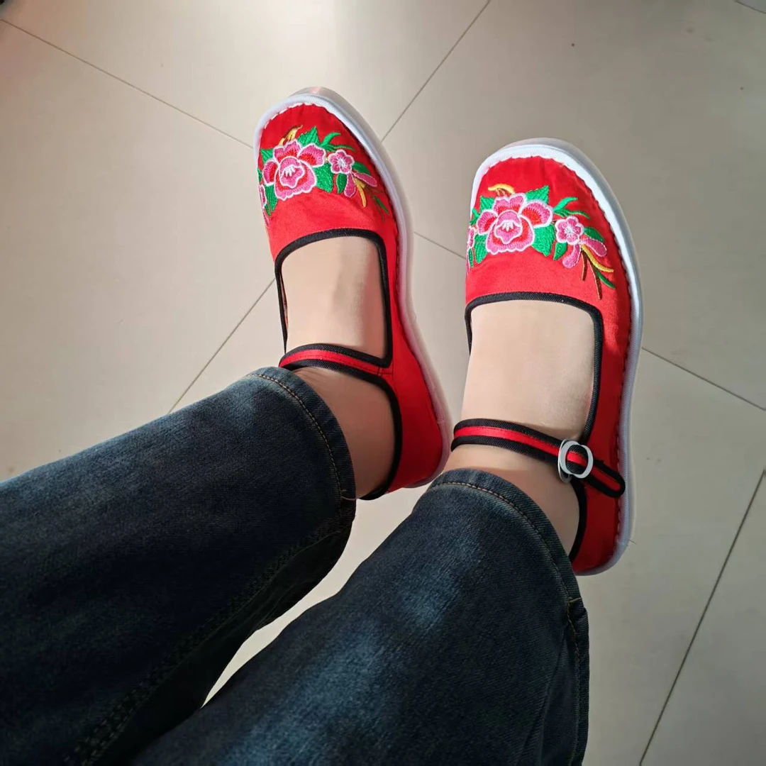 女士手工一带绣花布鞋春秋民族风塑料底浅口平底防滑妈妈鞋不臭脚