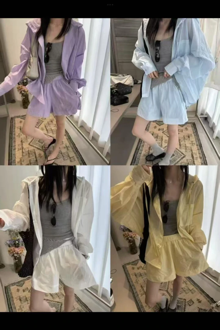 【ZZYZ】“彩纱夏风”时尚纯色休闲慵懒长袖防晒衣衬衫+短裤两件套