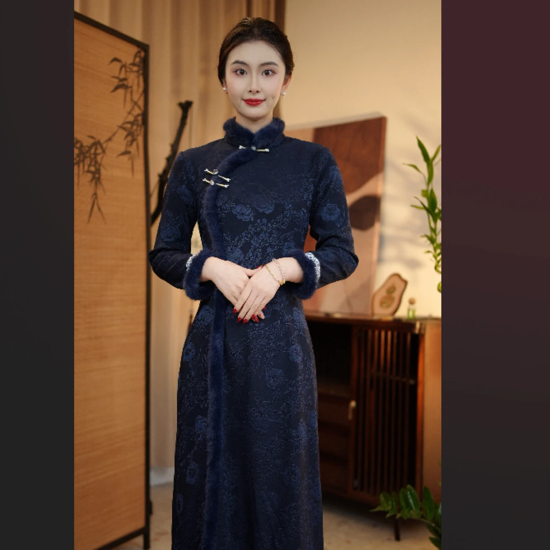蓝色冬装加绒加厚国风中式长款长袖旗袍2025新款女复古收腰秋冬季