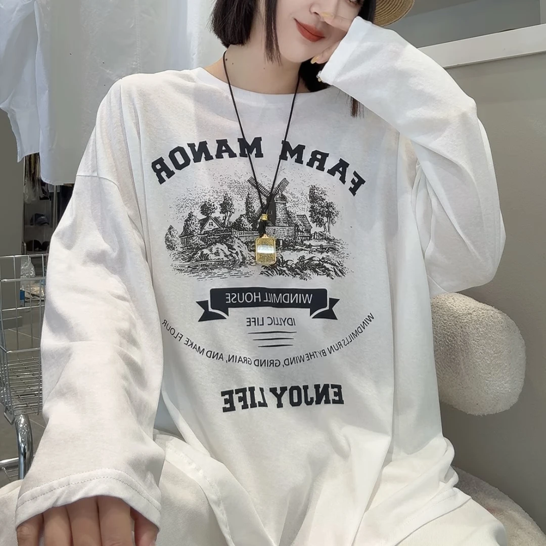 印花防晒长袖圆领吸汗休闲风T恤潮流百搭春夏