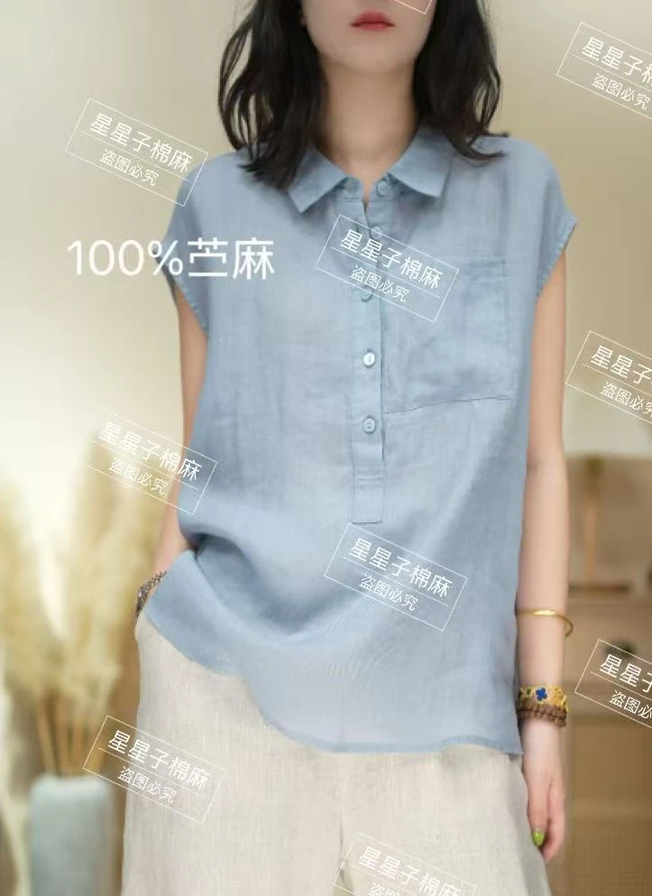 纯苎麻休闲百搭夏季翻领时尚气质无袖衬衫66172